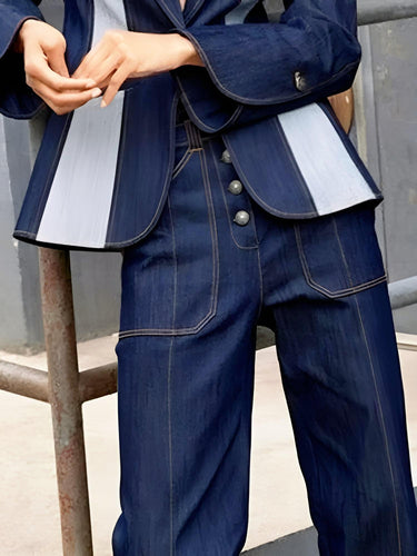 Women's Straight Leg Jeans 2025 Fall New Contrast Color Split-Joint High Waist Loose Fit Pants Buttoned Casual Trousers, Drestiny, Jeans, Casual Pants, Dark Blue, Deep Blue, S, M, L, XL, XXL, 2XL, 4, 6, 8, 10, 12, 14, United States, United Kingdom, FR, shopdrestiny.com